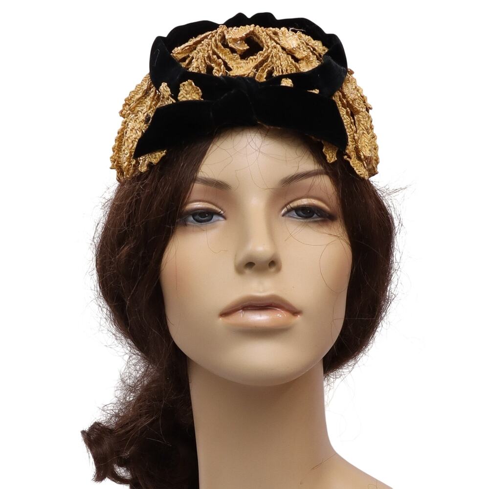 Vintage 50s Art Deco Flapper Hat Gold Black Velveteen Cocktail